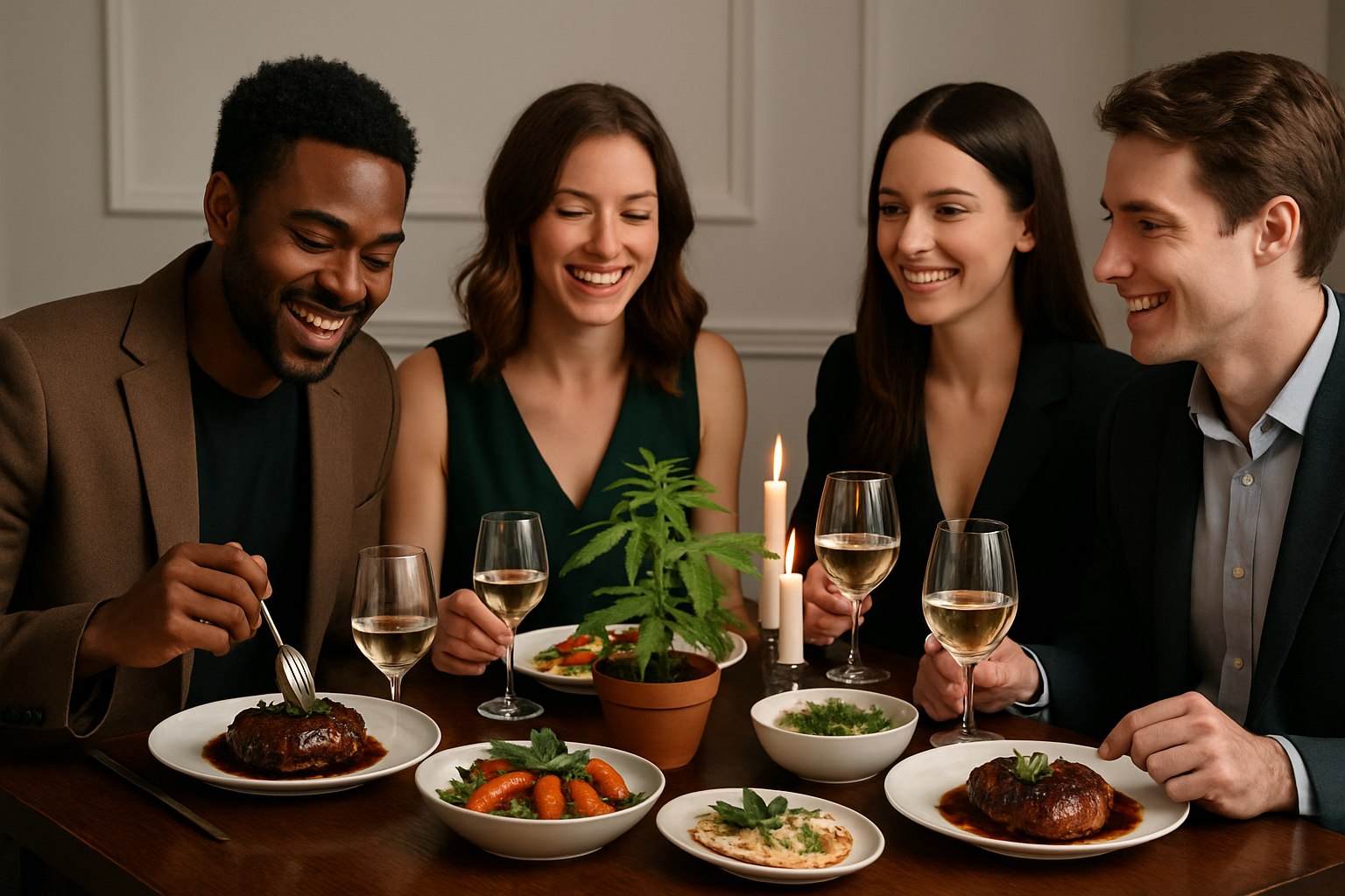 Friends enjoying a sophisticated meal with infused dishes