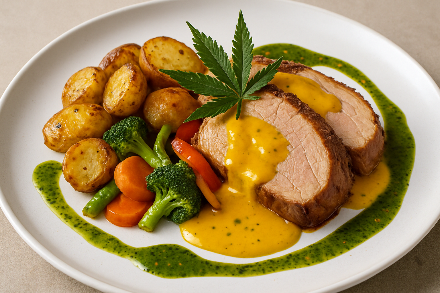 Gourmet cannabis-infused sauces drizzled over a plated meal